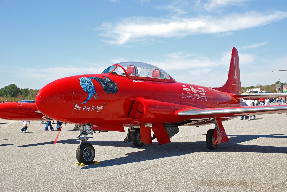 DSC_6447a.jpg - This T-33 is the two-seat trainer version of the F-80 Shooting Star.  Built by Lockheed, it was America's first operational jet fighter.  The low radar signature was unintentional and caused early air traffic controllers a lot of grief.  It must have given Lockheed's Skunk Works something to think about since they went on to design the SR-71 Blackbird and F-117 Stealth Fighter.