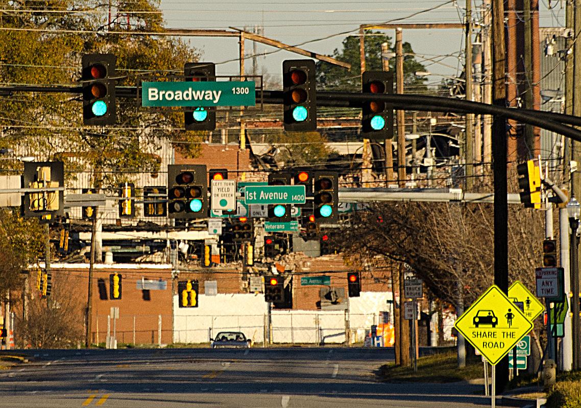 H11_7875a.jpg - Looking down 14th Street in Columbus.  This shot was taken from across the river in Phenix City, AL.  In the background are the remains of the old Swift textile mill which burned down a few months earlier.