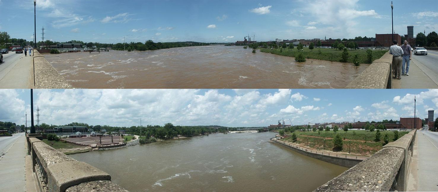 2003flood.jpg - Chattahoochee River Flood, May 2003.  Two five-image panoramas taken about three months apart.